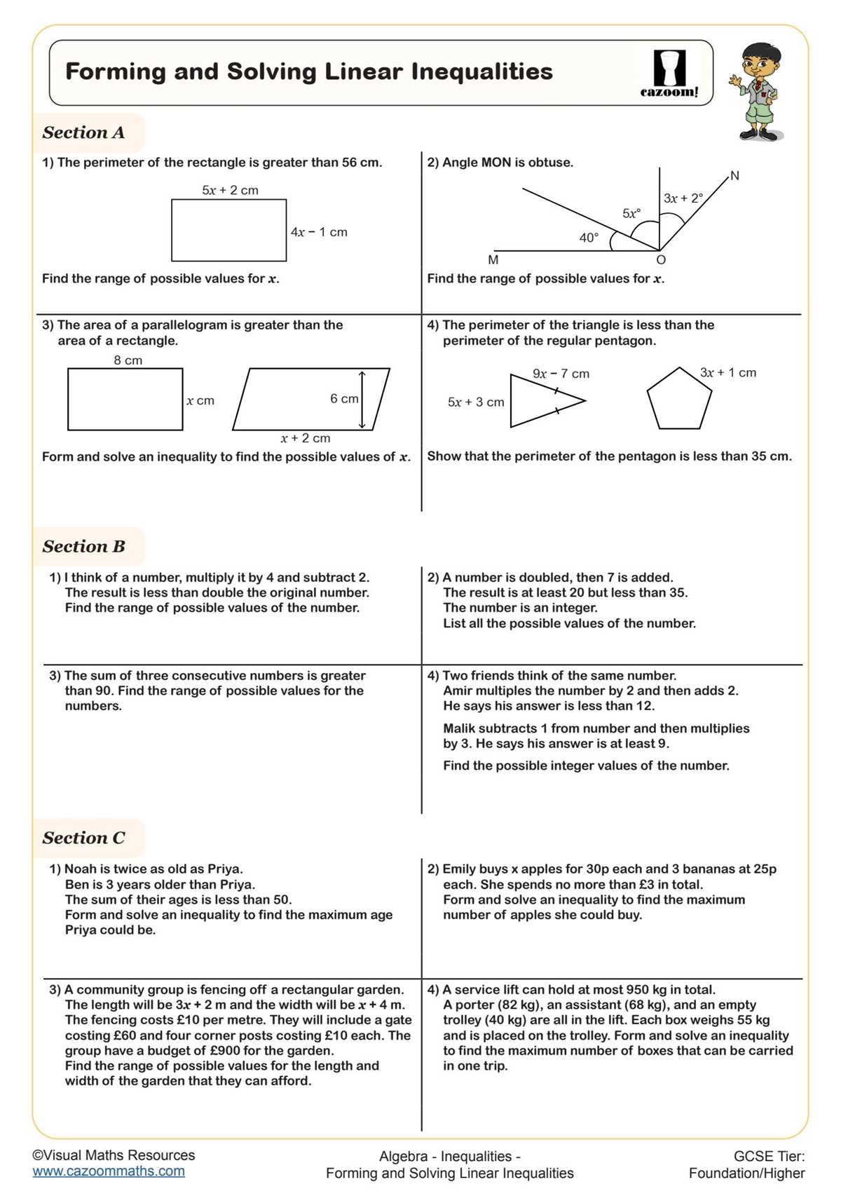 forming inequalities worksheet