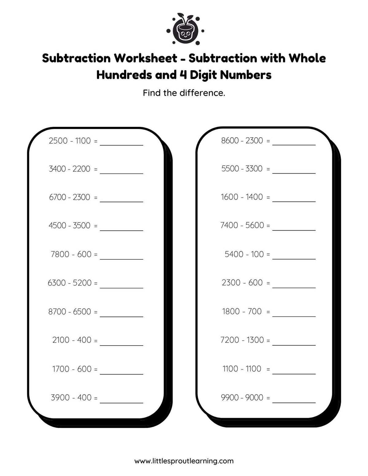 four digit subtraction with regrouping worksheets