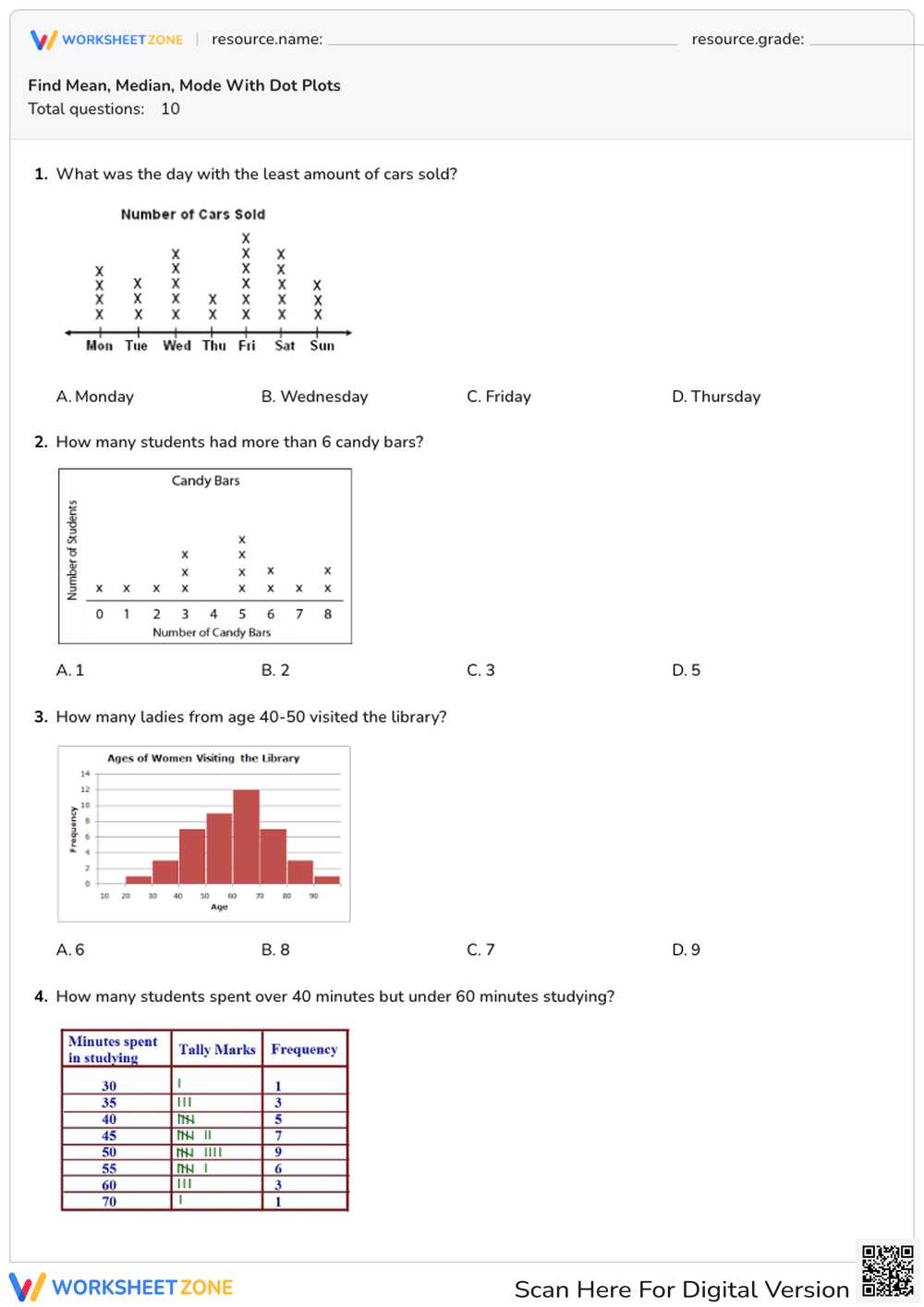 dot plot mean median mode worksheets