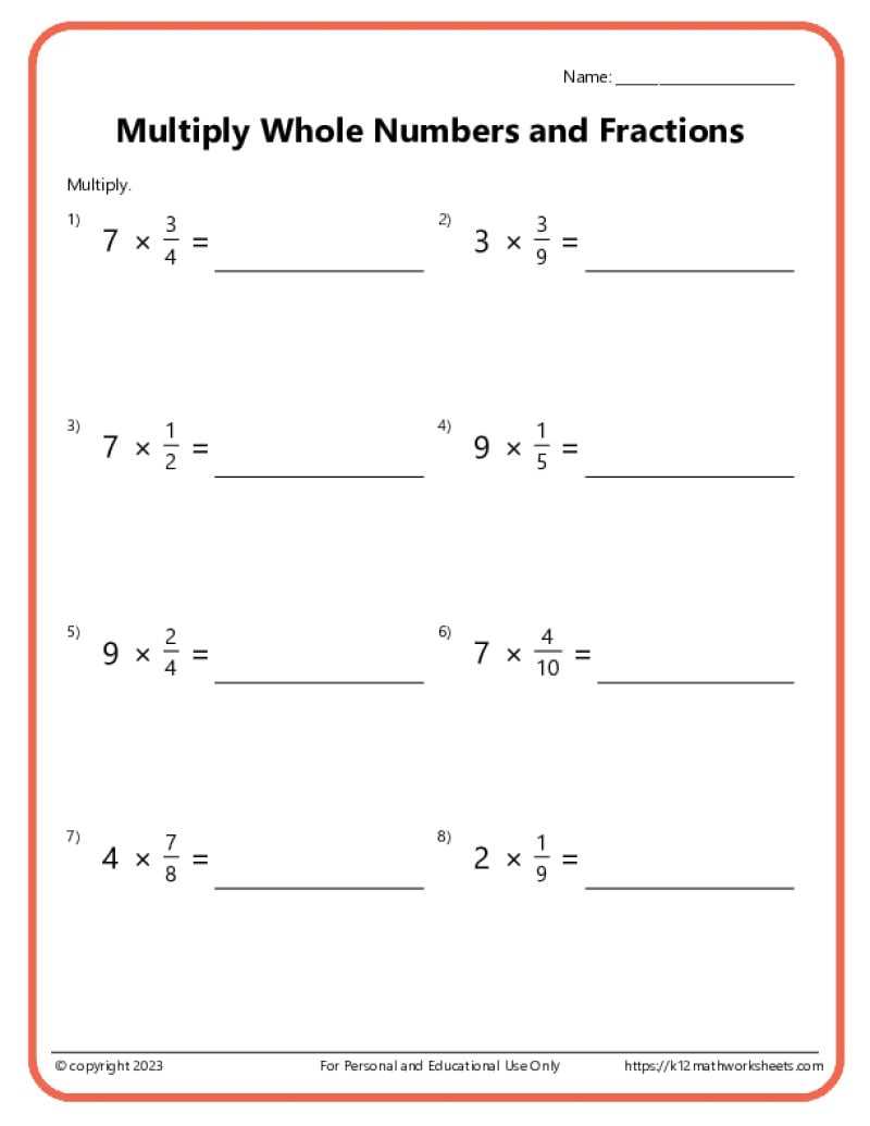 fraction times whole number worksheet