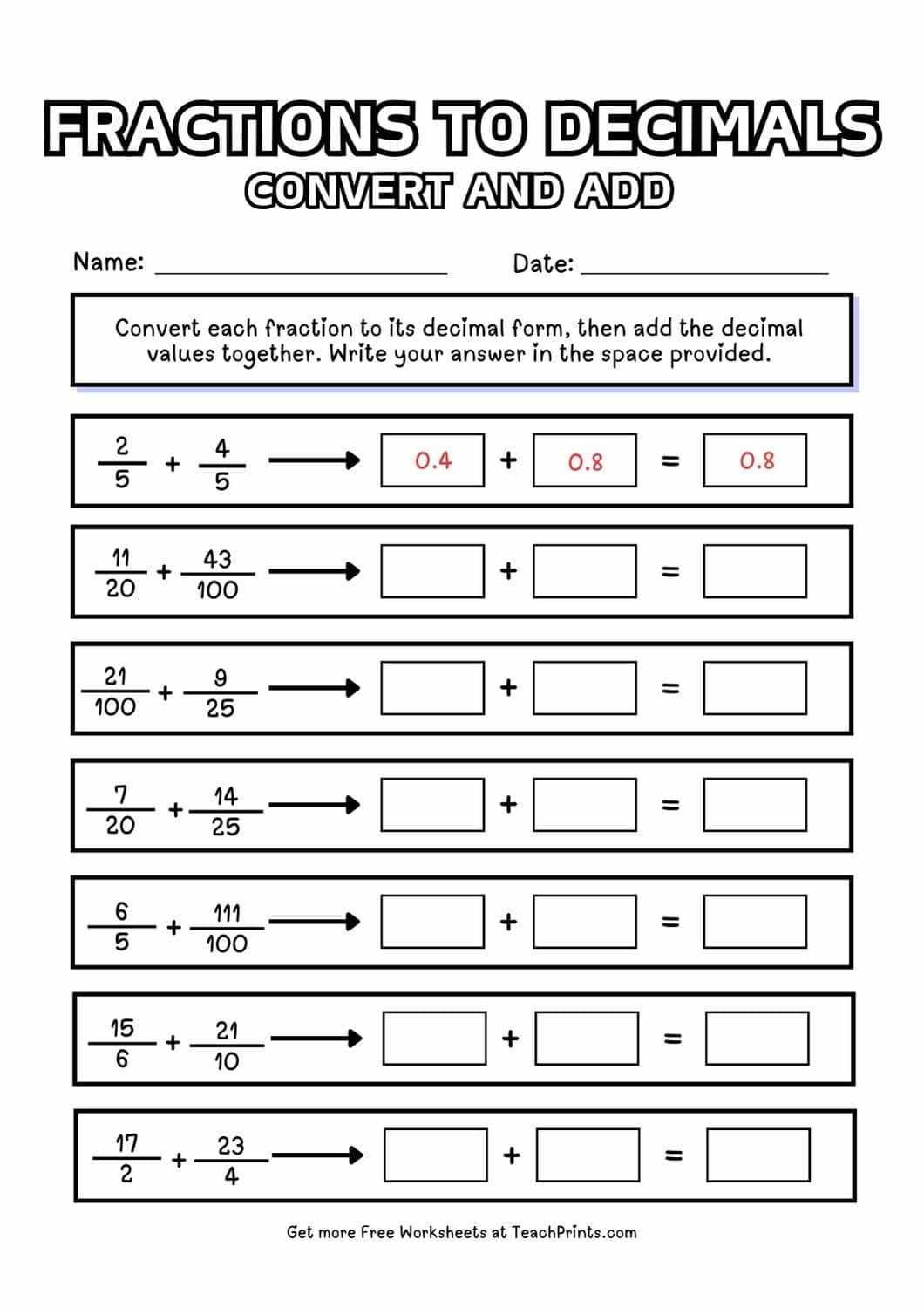 fractions decimals worksheet
