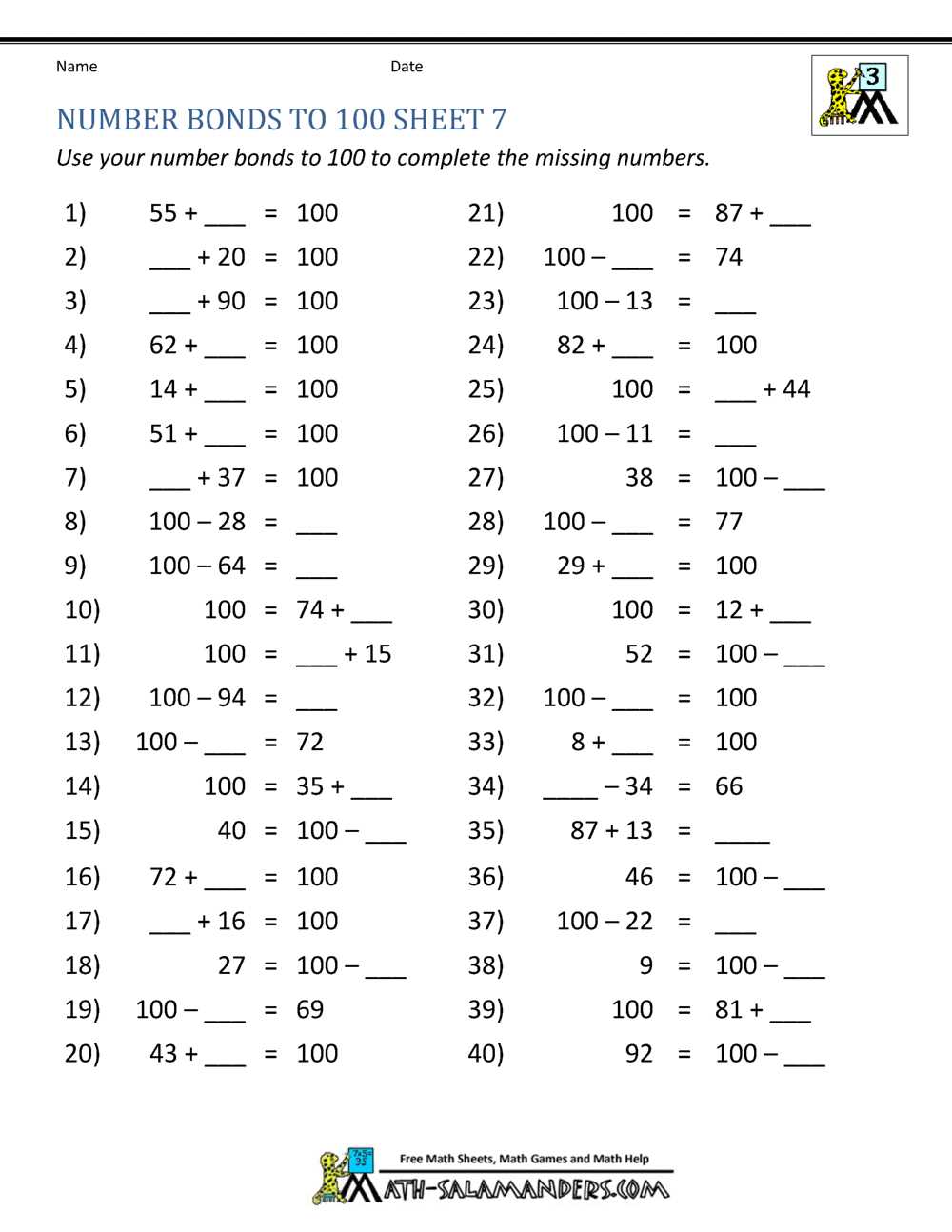 free number bond worksheets