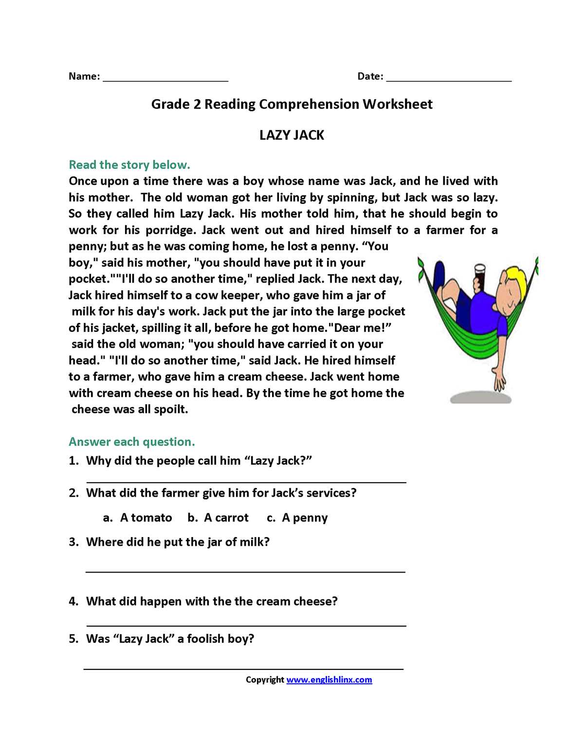 free printable second grade reading worksheets