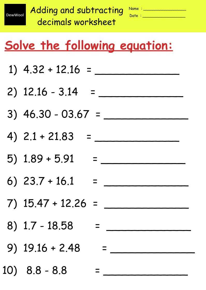 free worksheets adding and subtracting decimals