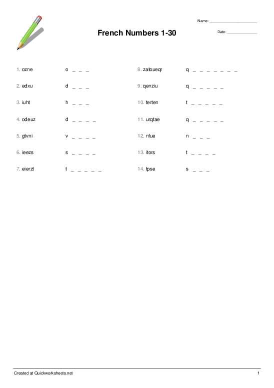 french numbers worksheet