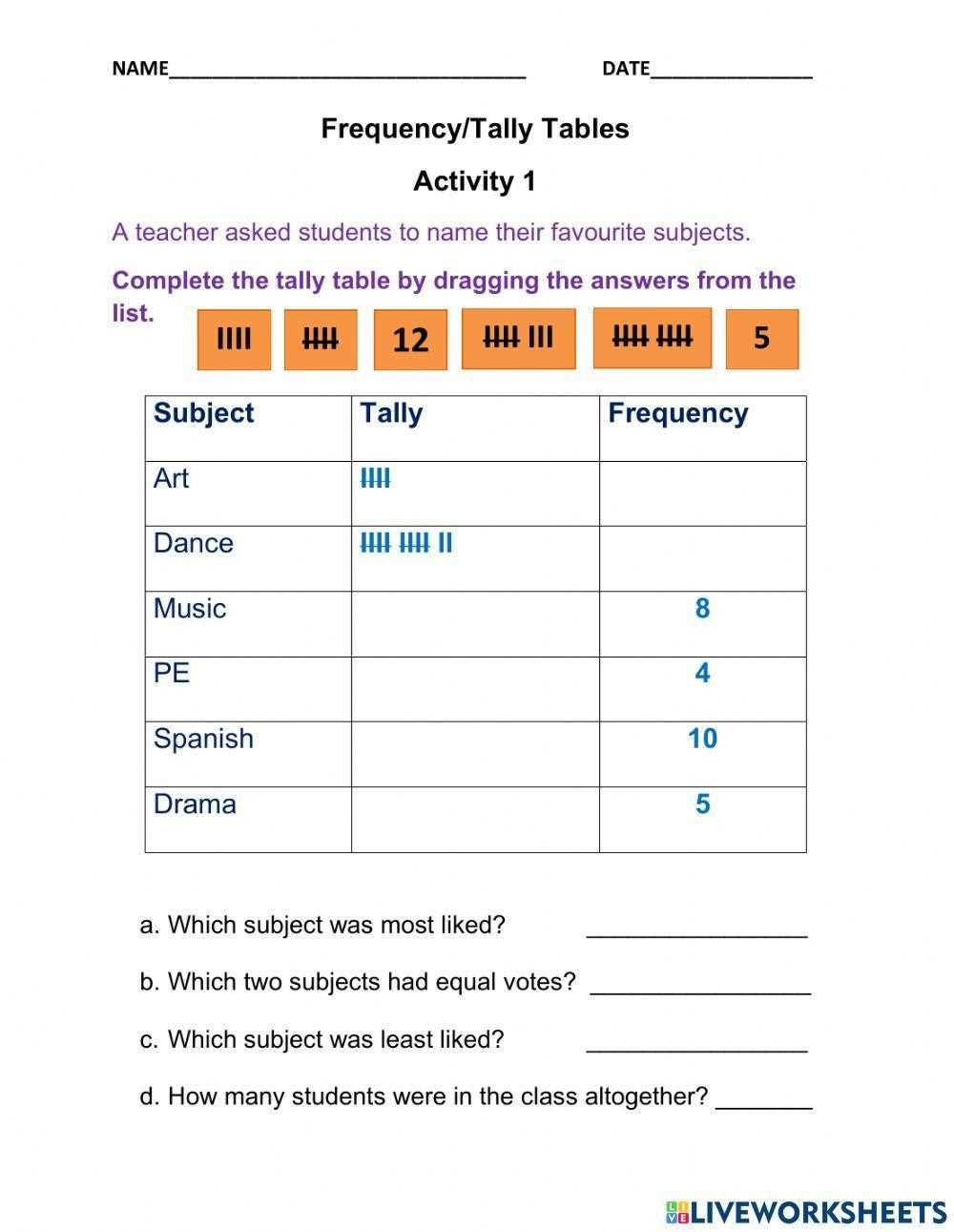 frequency table worksheet