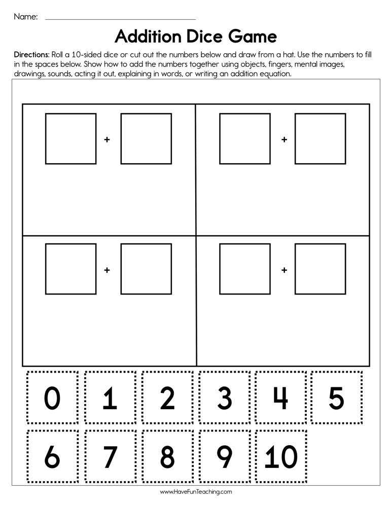 dice addition worksheets