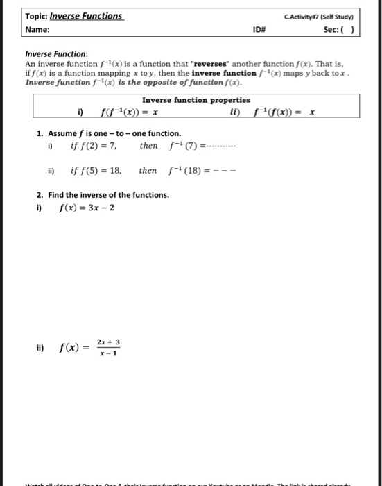 functions and inverse functions worksheet