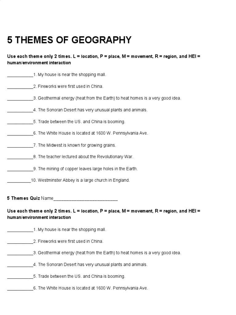 5 themes of geography worksheets