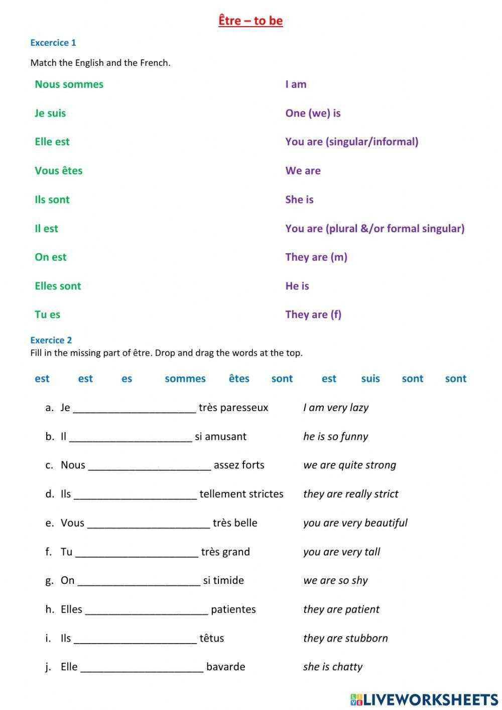 avoir and etre conjugation worksheets