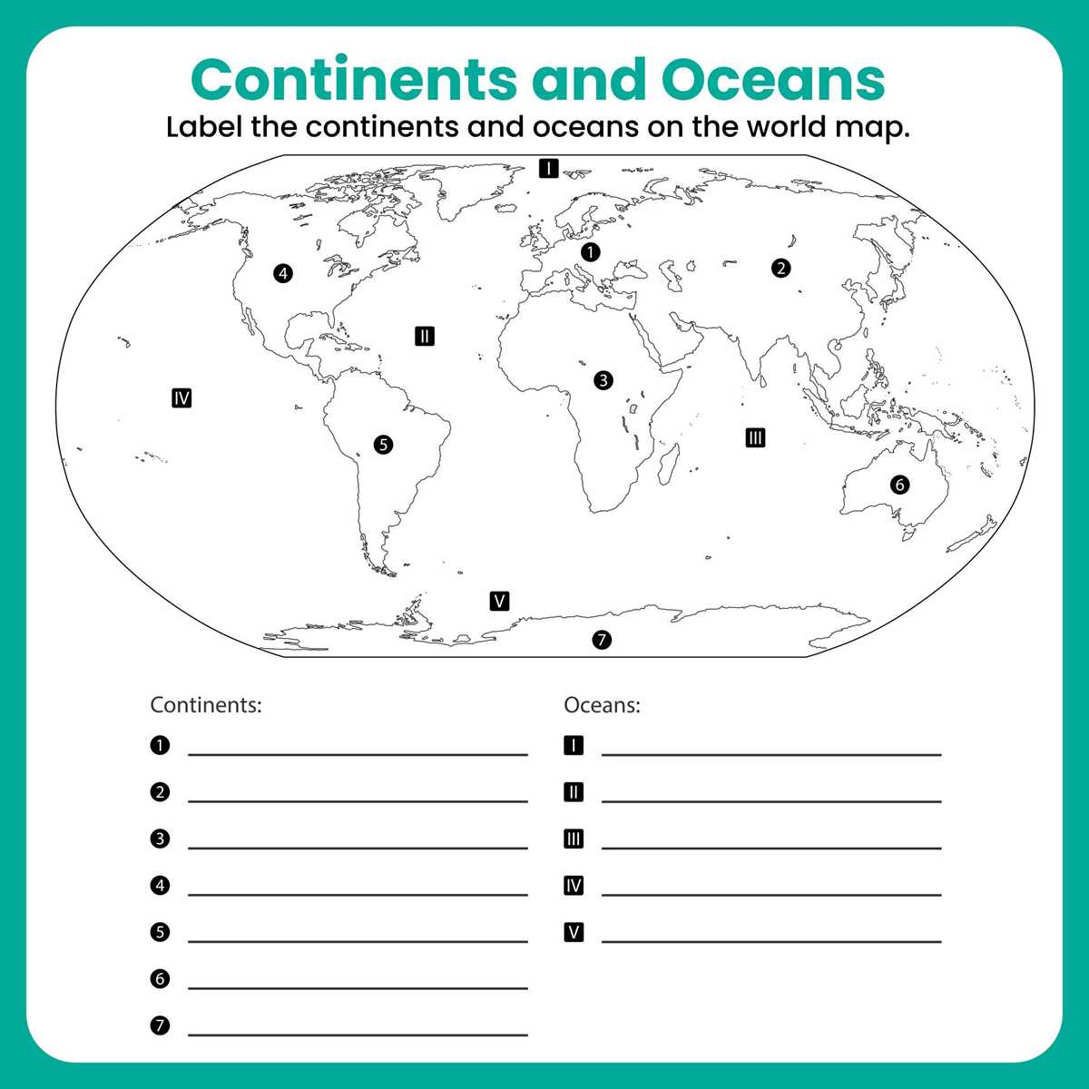 worksheet of continents and oceans