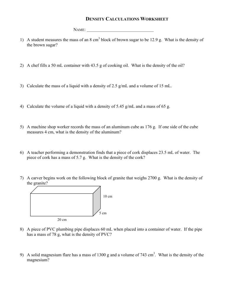 calculate density worksheet