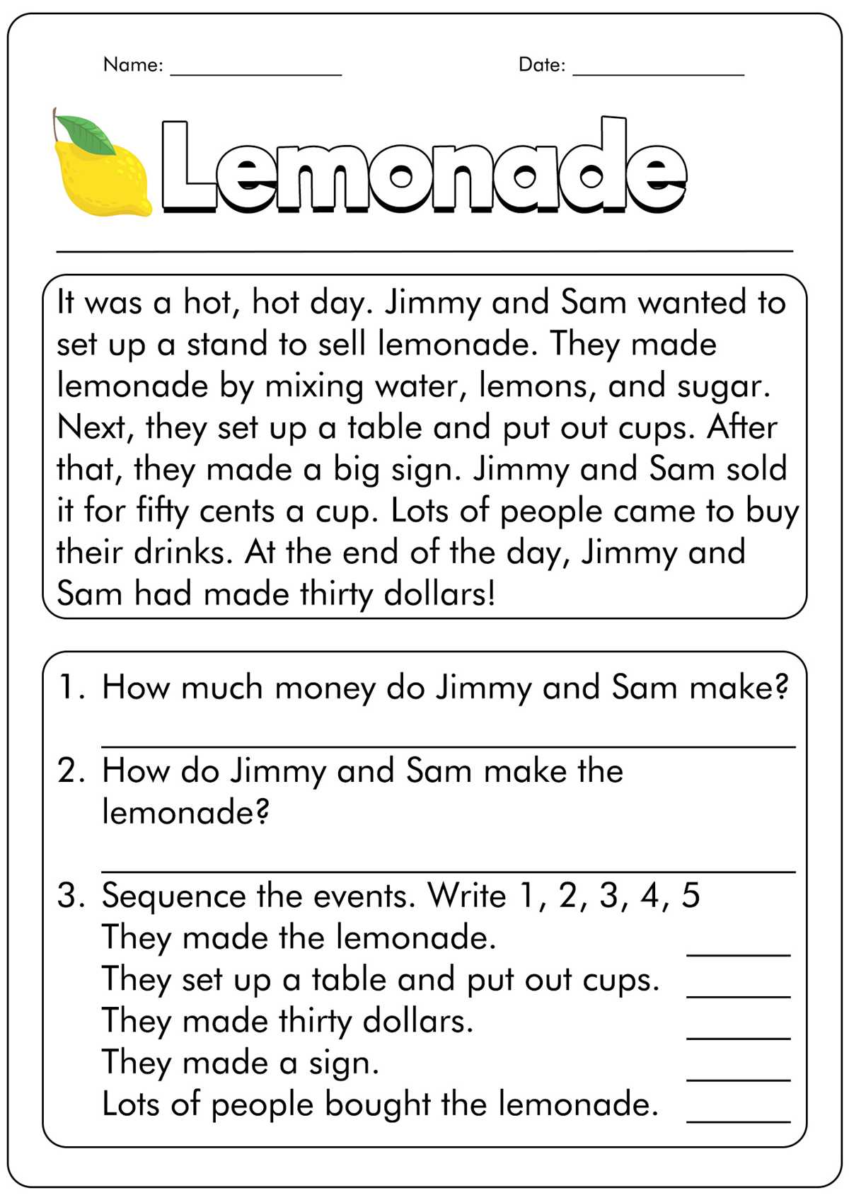 reading comprehension worksheets first grade