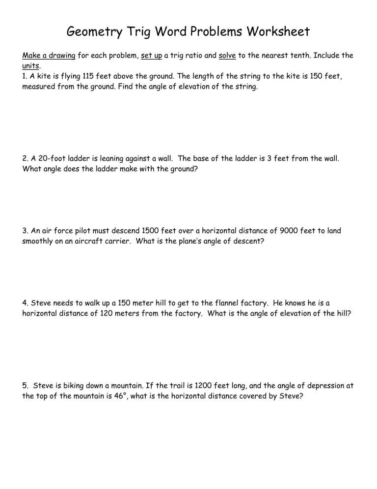 geometry trig word problems worksheet