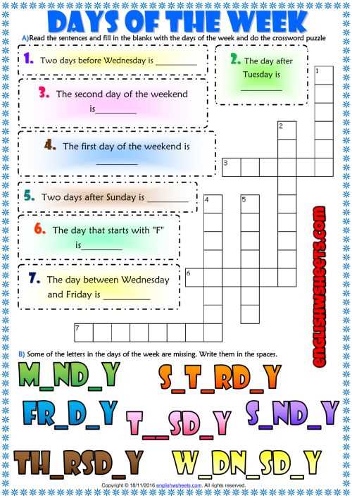 days of the week worksheets for esl students