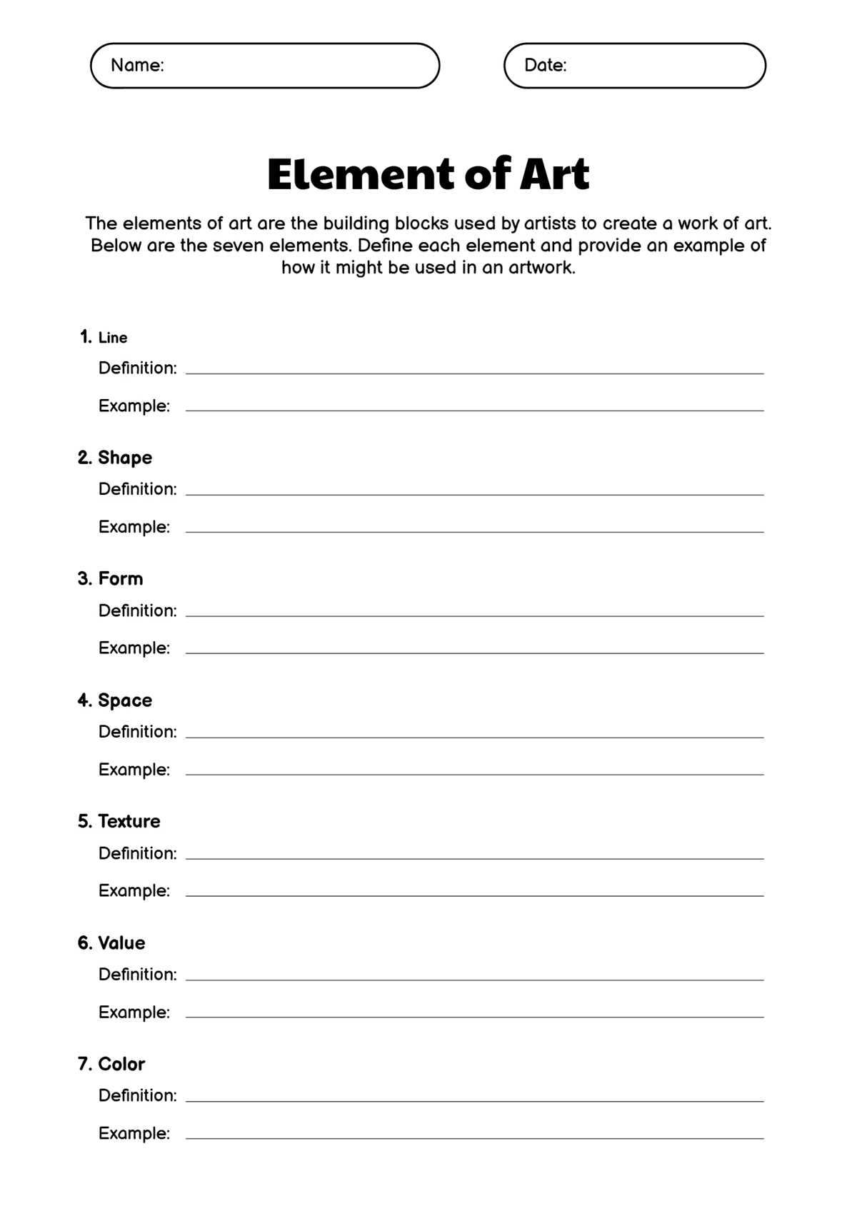 7th grade art worksheets