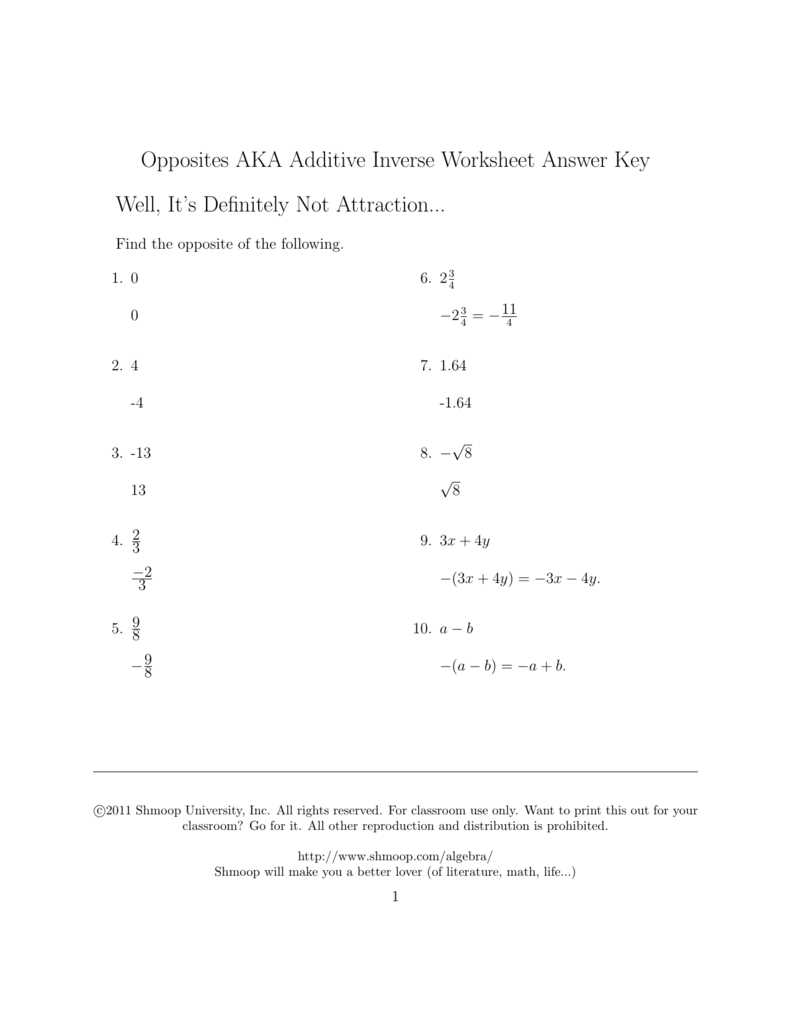 additive inverse worksheet