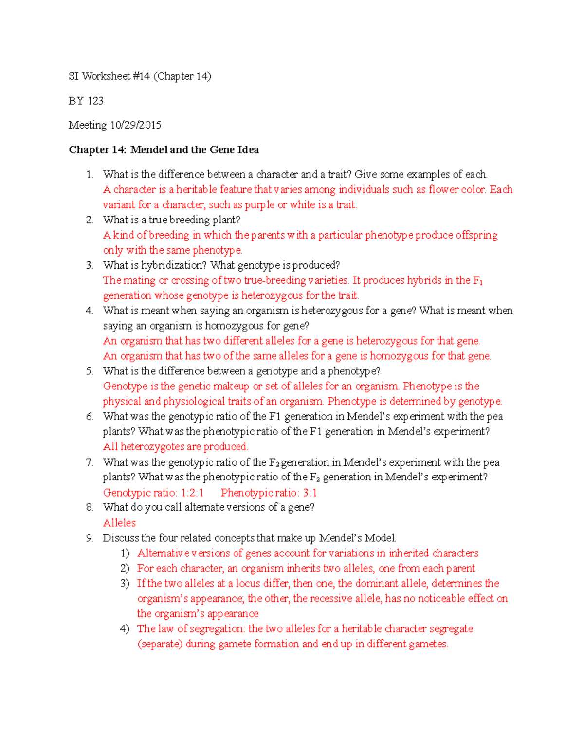 chapter 14 mendel and the gene idea worksheet