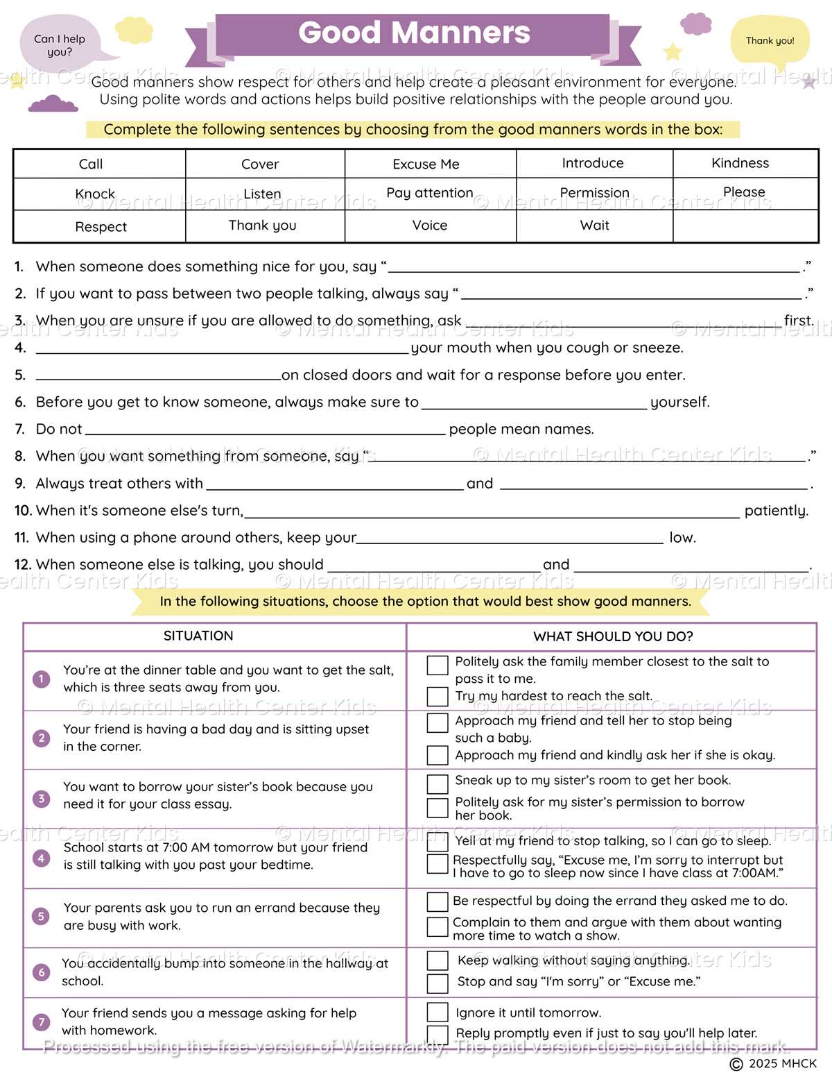 good manners worksheets