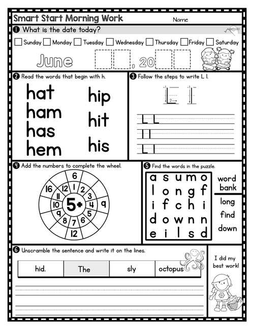 morning work worksheets for kindergarten