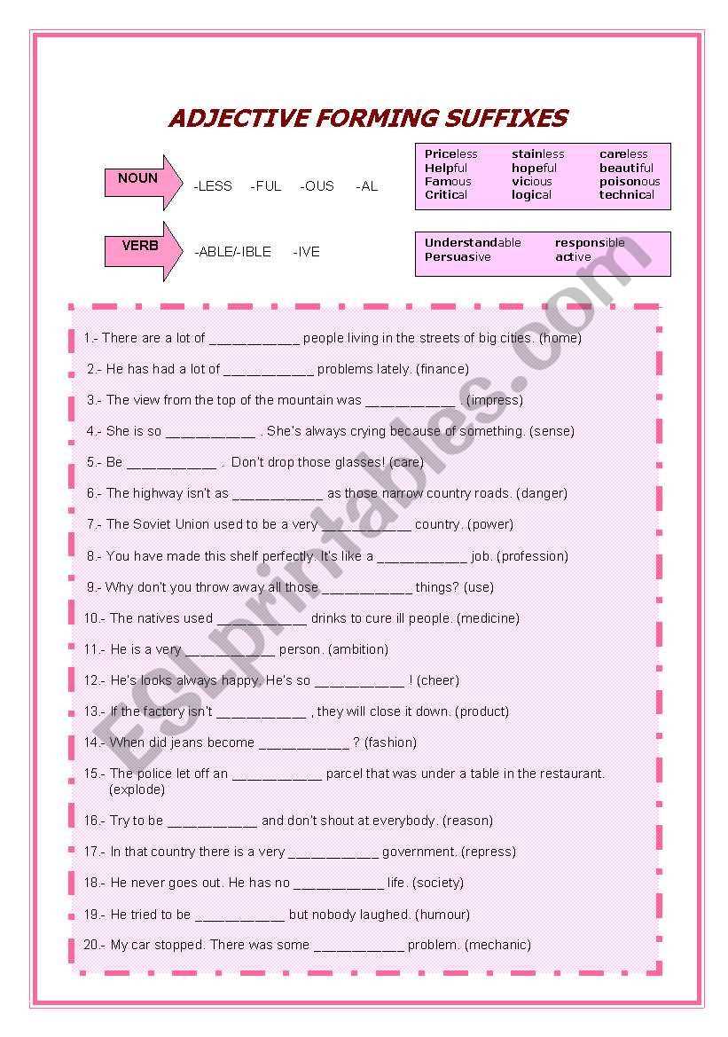 adjective forming suffixes worksheet
