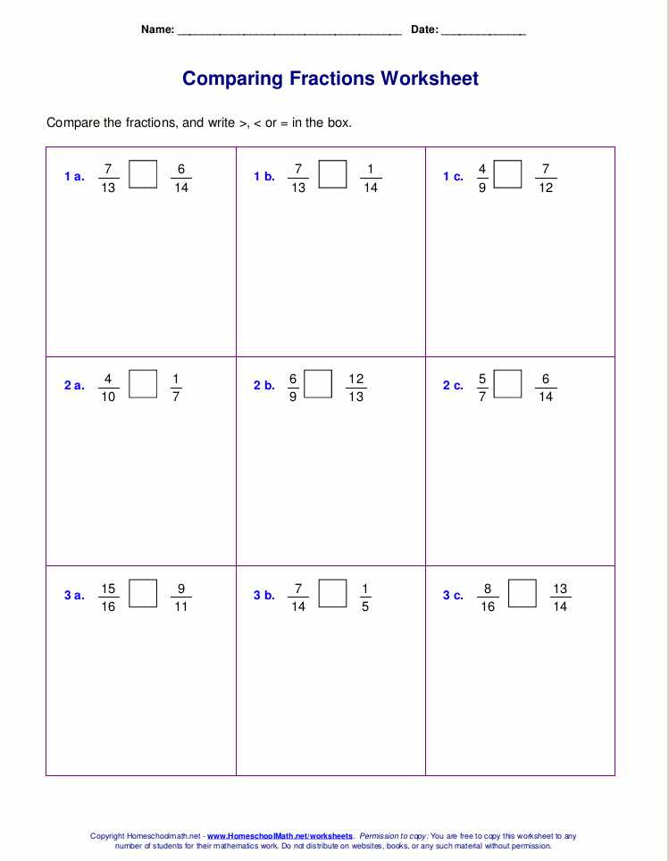 greater than and less than fractions worksheets