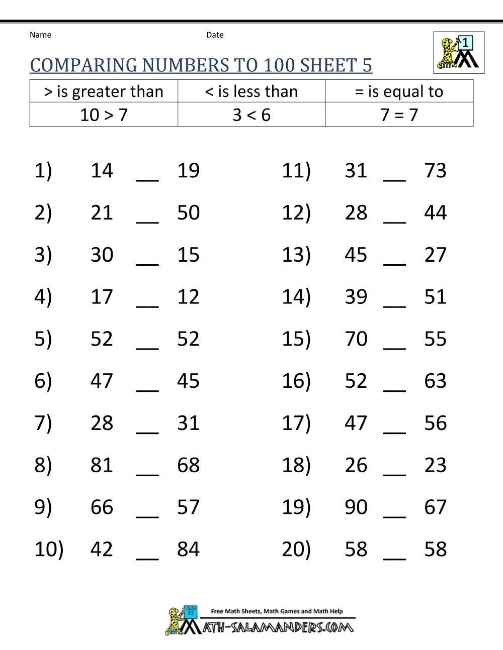 greater than less than or equal to worksheets