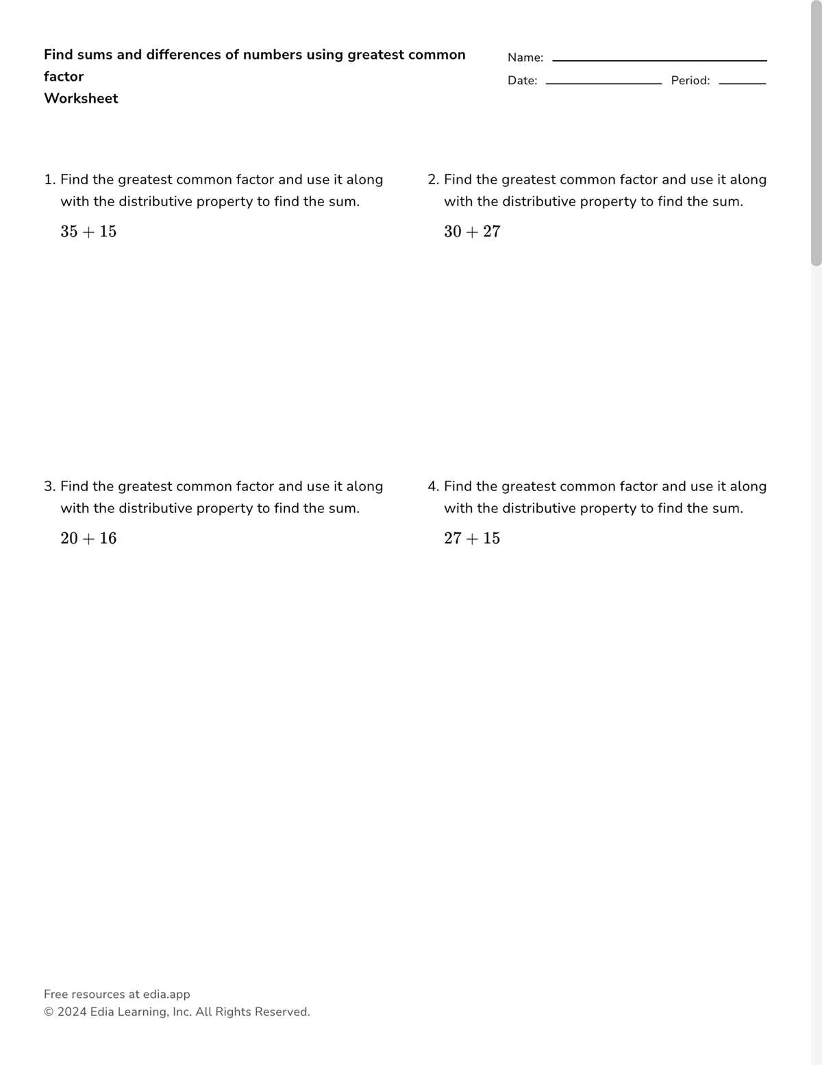greatest common factor worksheets 6th grade