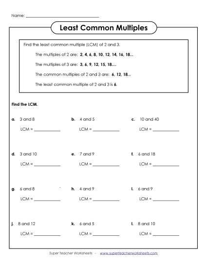 greatest common multiple worksheet