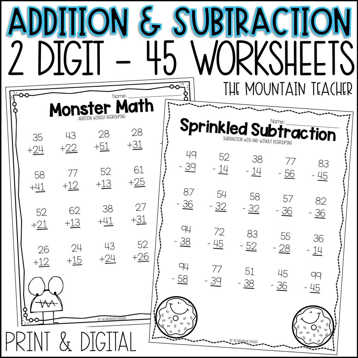 2 digits subtraction worksheets