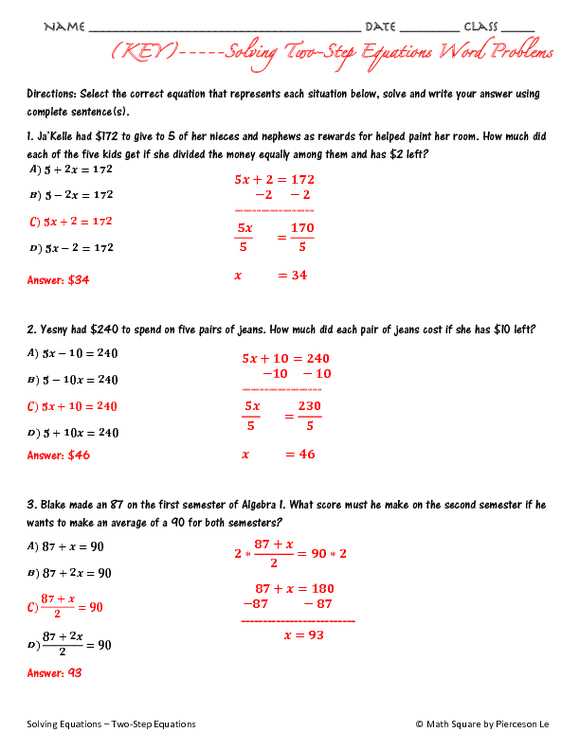 two step equations worksheet word problems