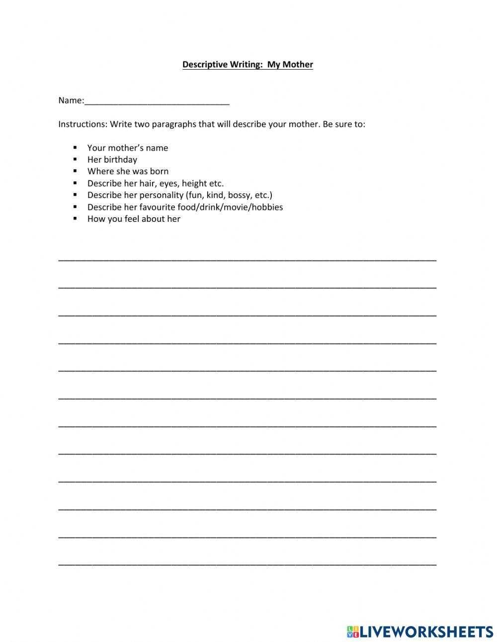 descriptive writing printable worksheets