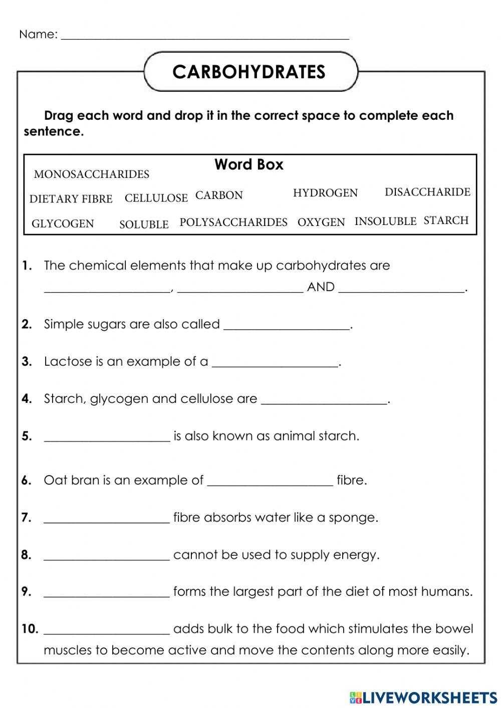 carbohydrate content of foods worksheet