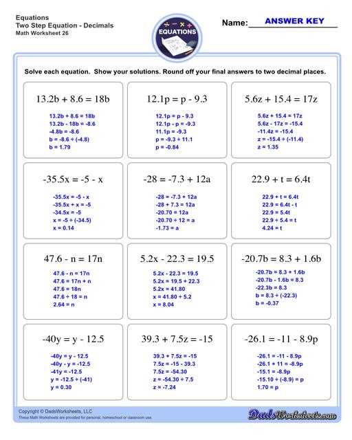 2 step equations worksheet 7th grade