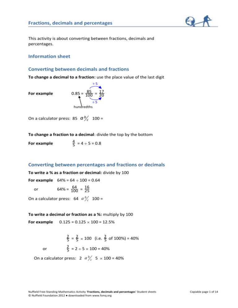 change decimal into fraction worksheet
