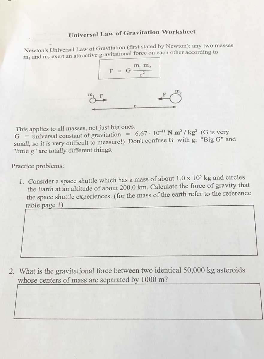 universal gravity worksheet