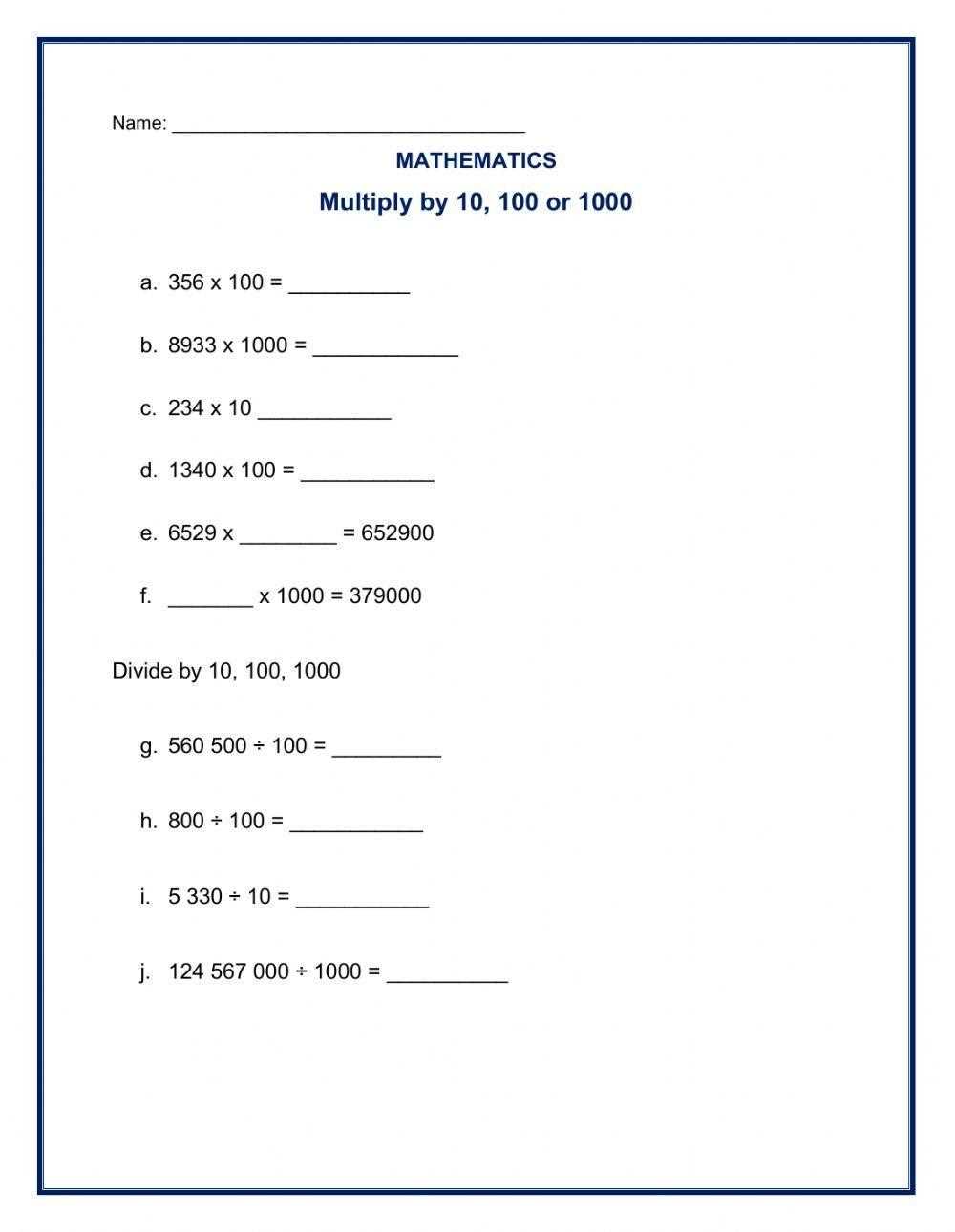 dividing whole numbers by 10 100 and 1000 worksheet