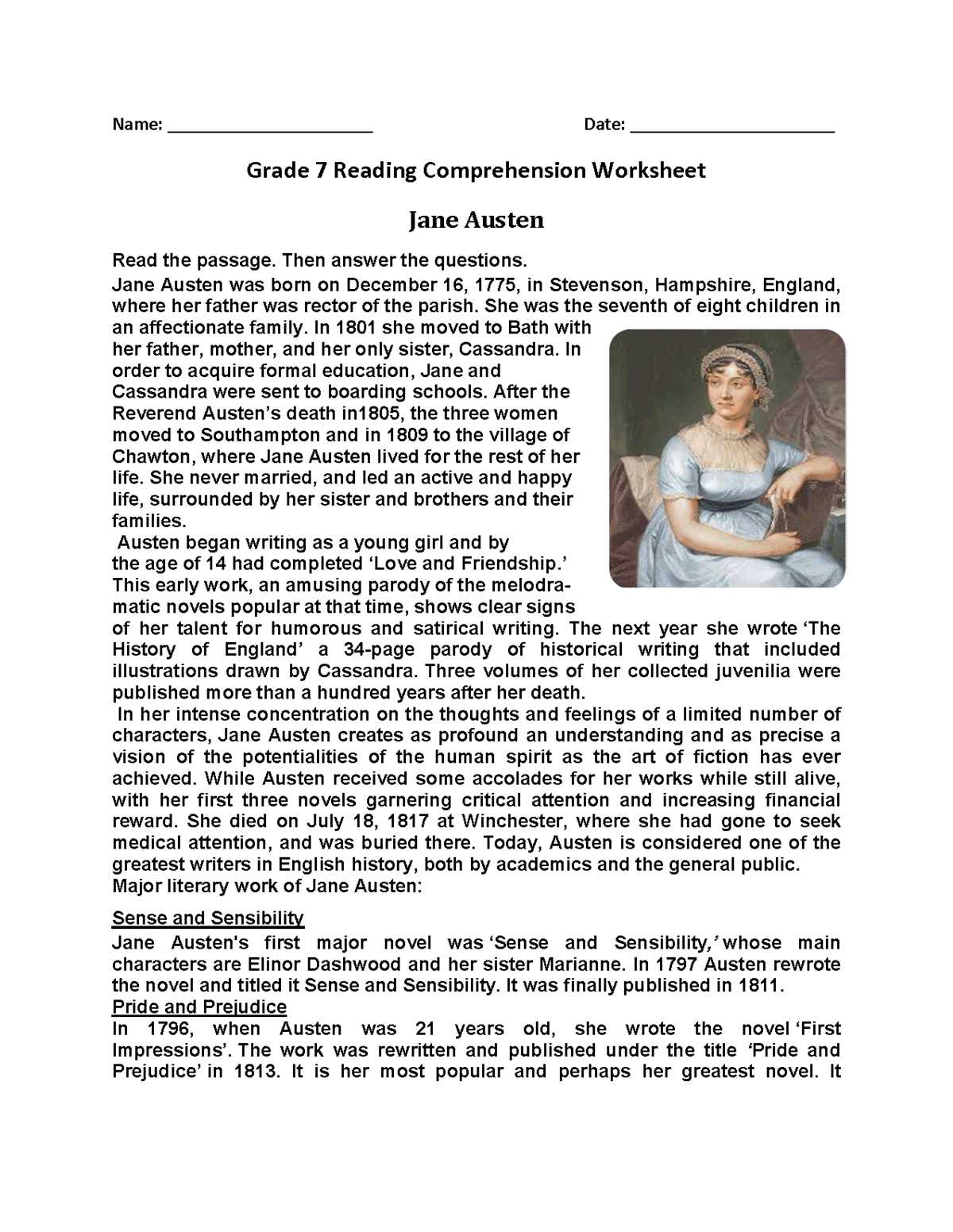 7th grade reading worksheets
