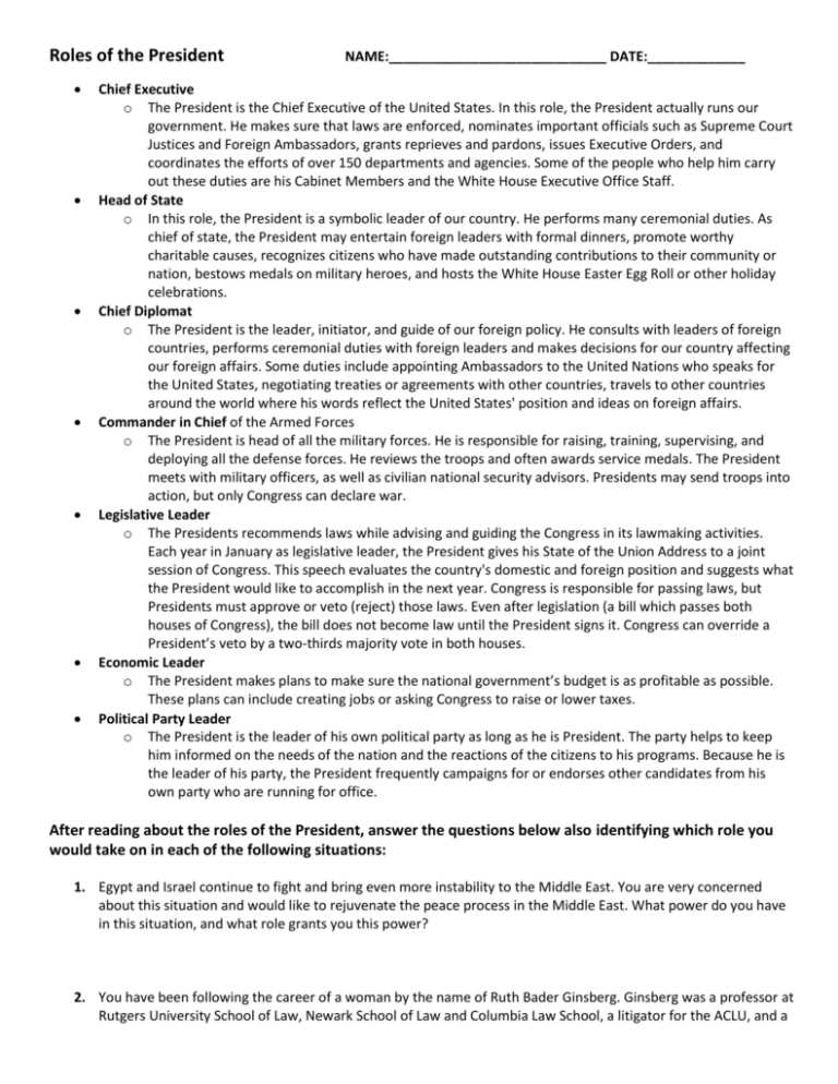 roles of president worksheet