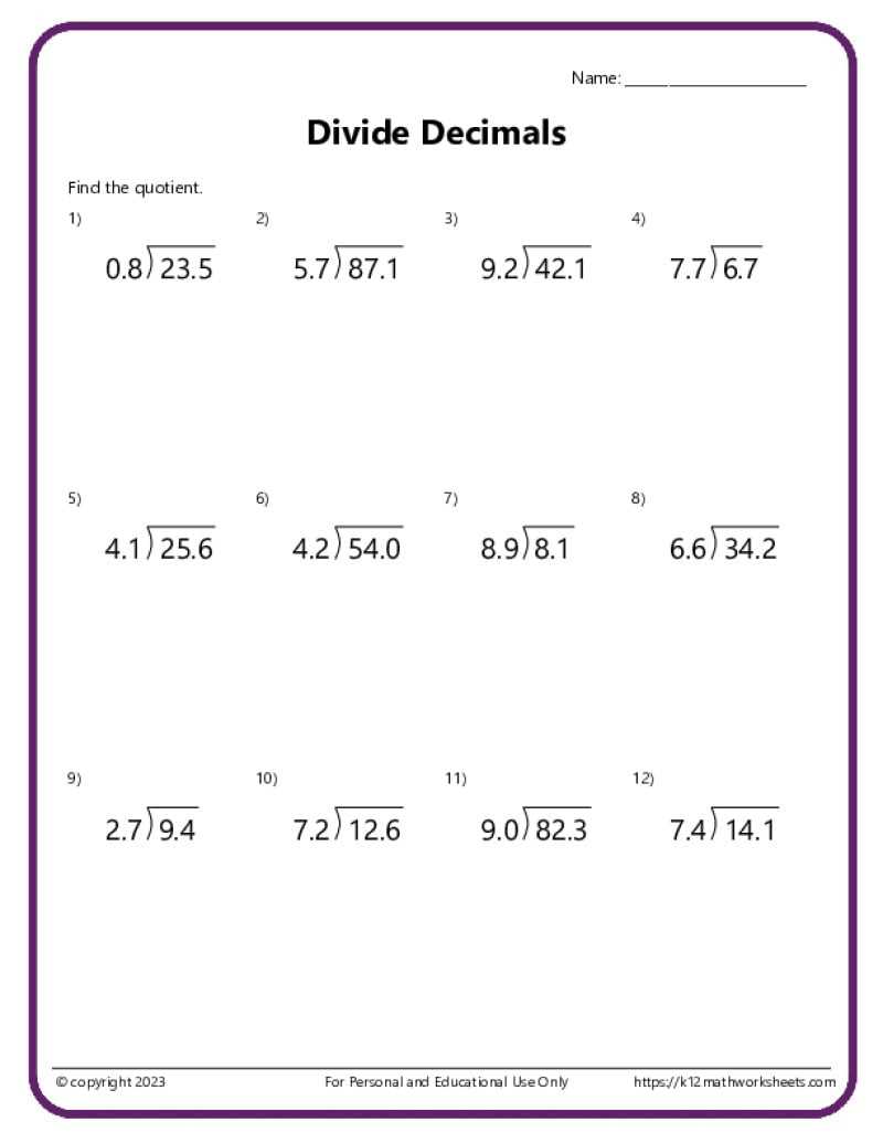 divide a whole number by a decimal worksheet