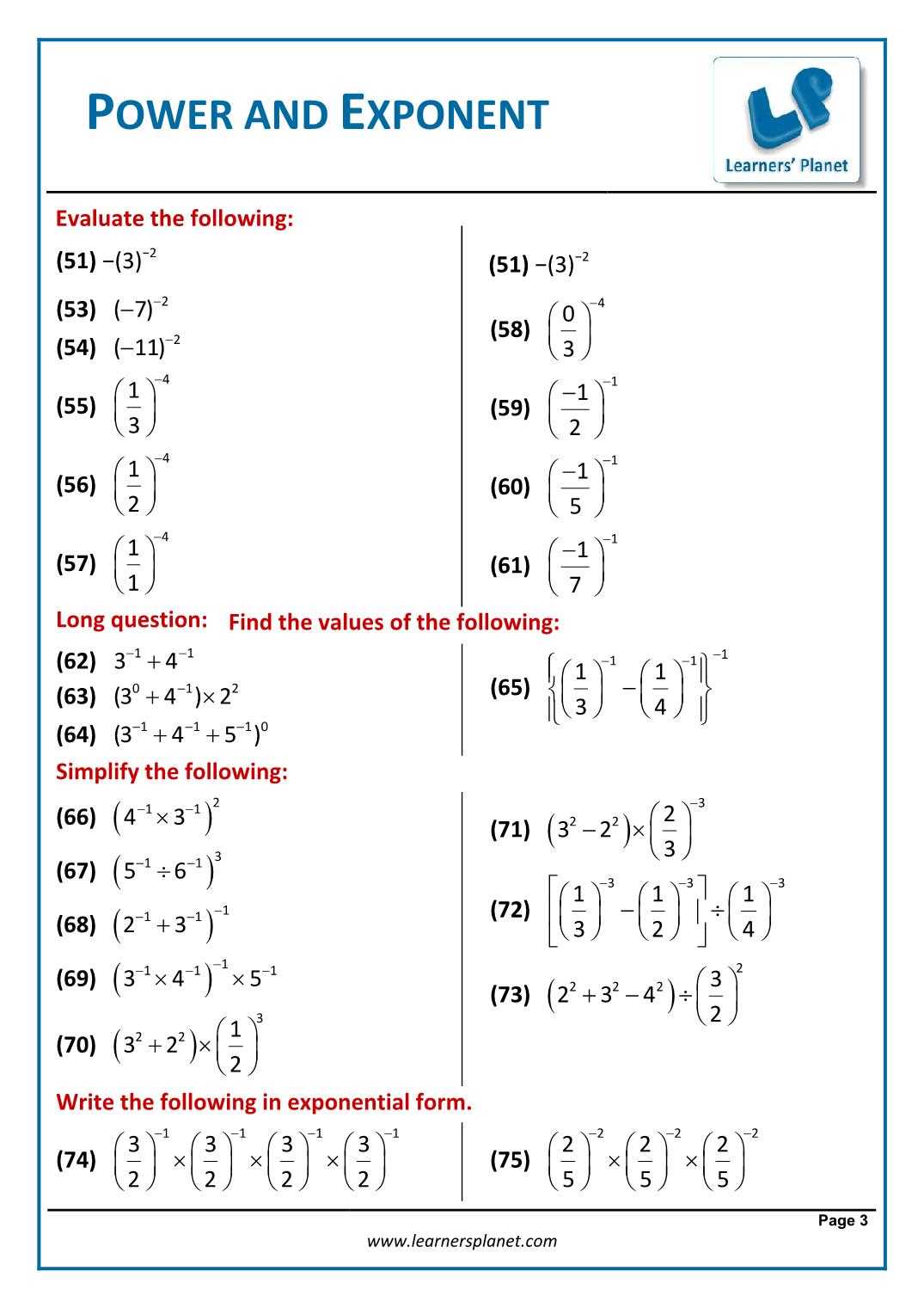 exponents and powers worksheets