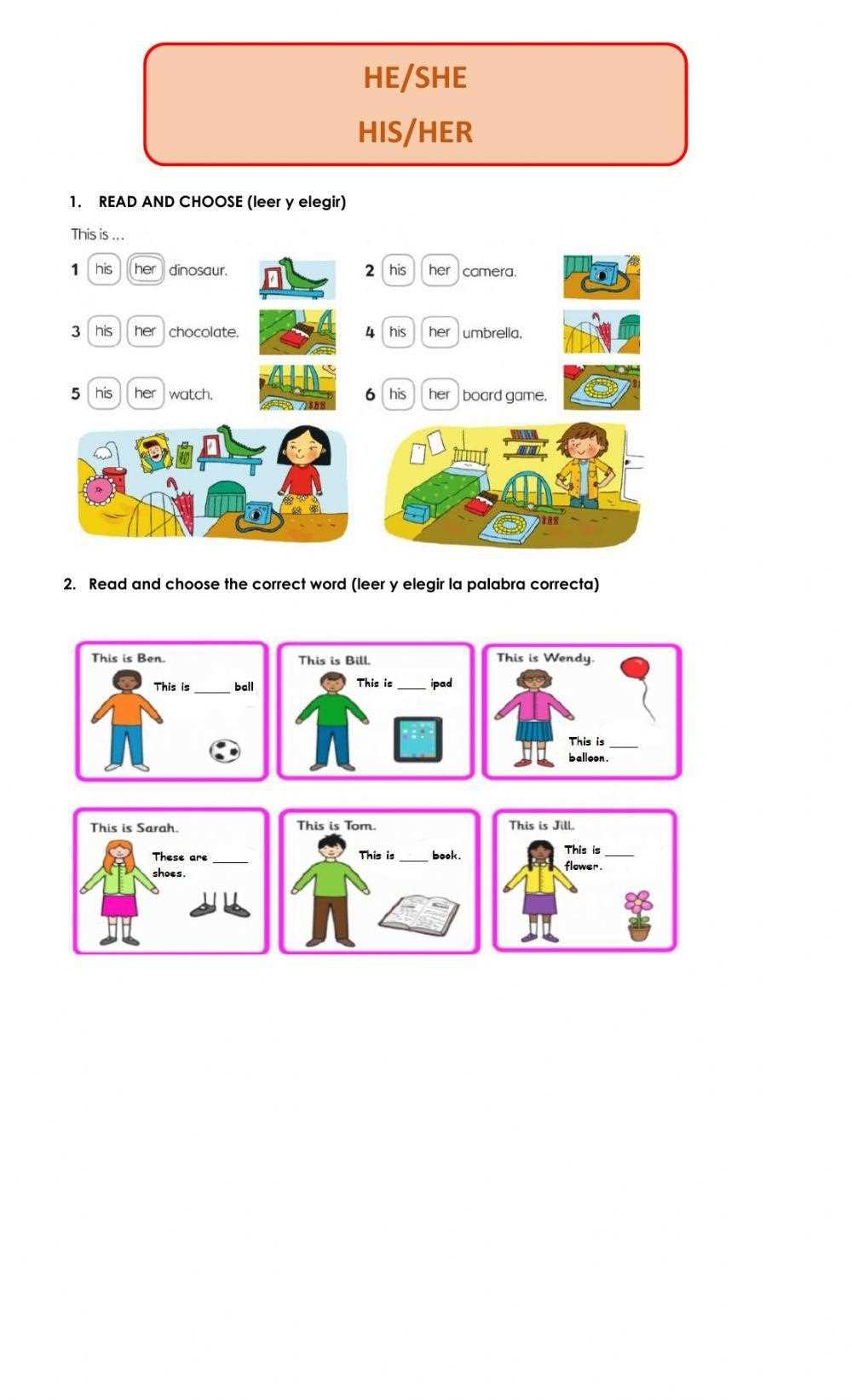his her worksheets for kindergarten