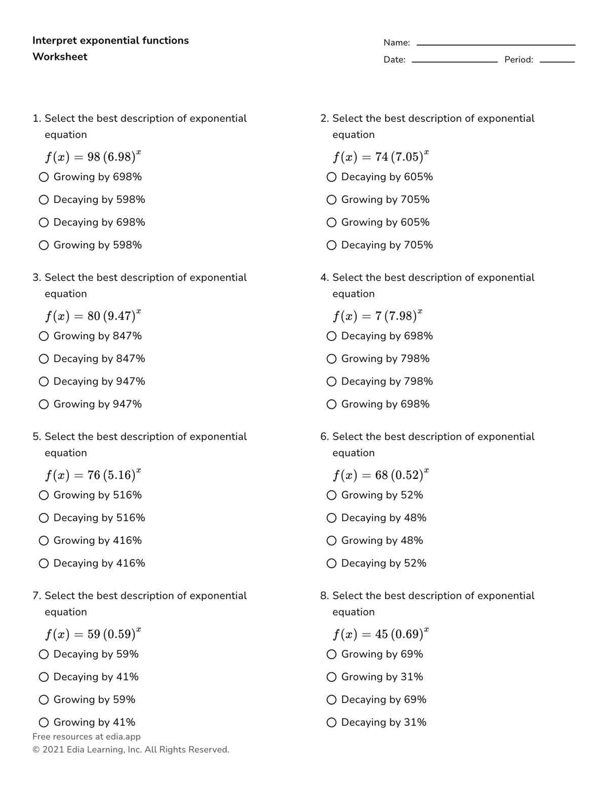 exponential word problems worksheet