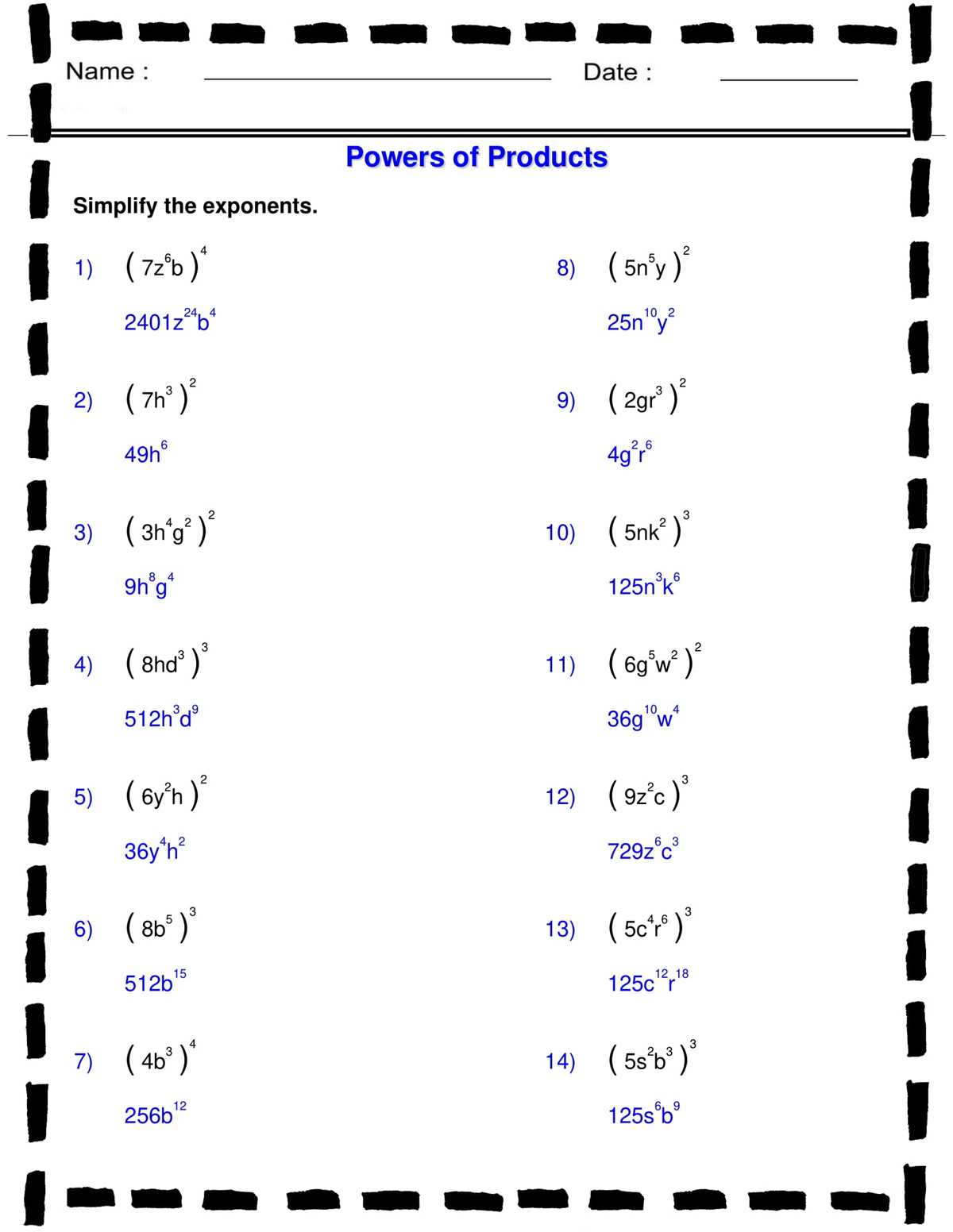 power of a power worksheet