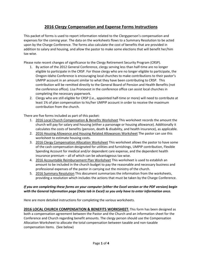 housing allowance for pastors worksheet