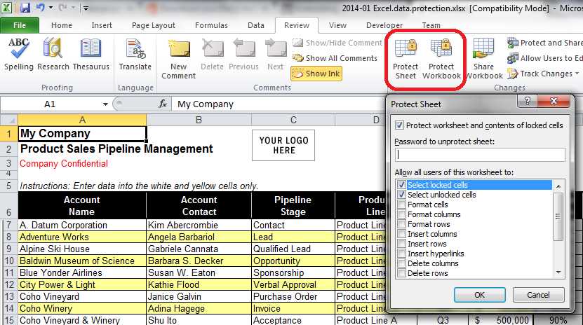 protect the worksheet in excel