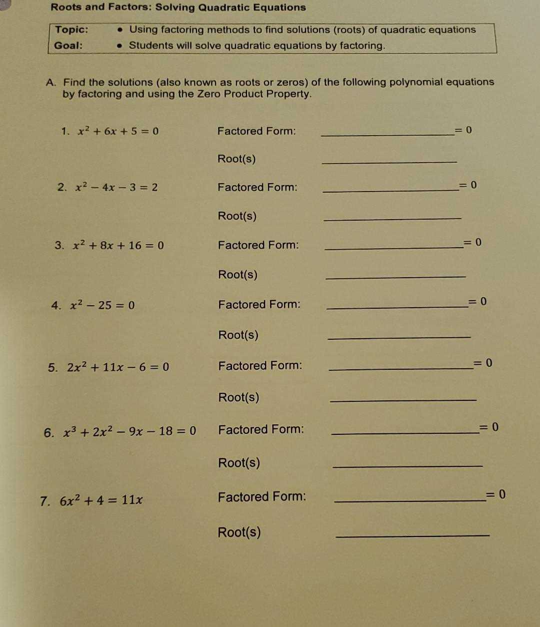 zero product property worksheet