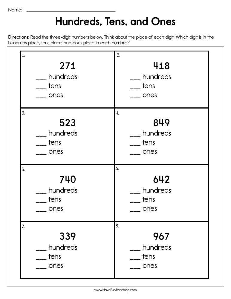 hundreds tens and ones worksheets
