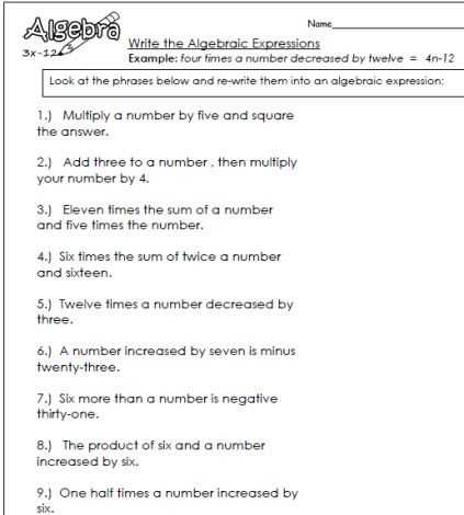 creating expressions worksheet