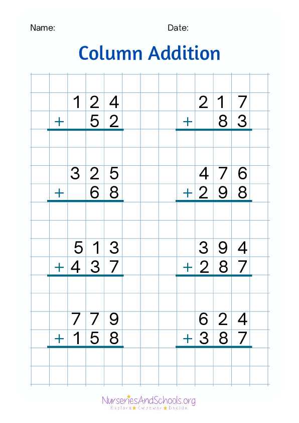 column addition worksheets year 3
